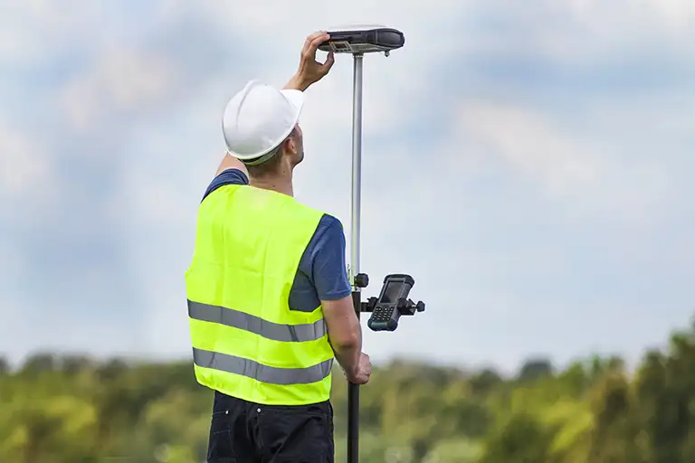 Person using land survey equipment